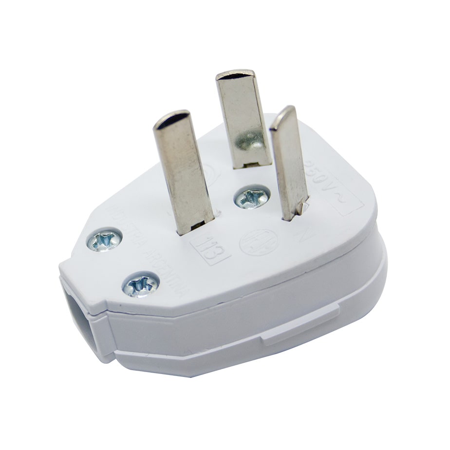 FICHA MACHO BIPOLAR CON TOMA TIERRA 10 AMP -BLANCA (CAJA DE 100UNIDADES)